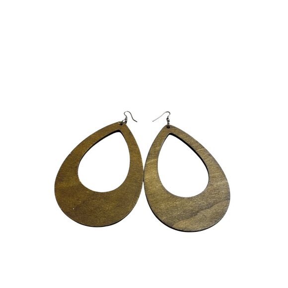 Large Statement Teardrop Wooden Dangle Earrings Brown Boho Festival Hippie 4.5" - Picture 1 of 3